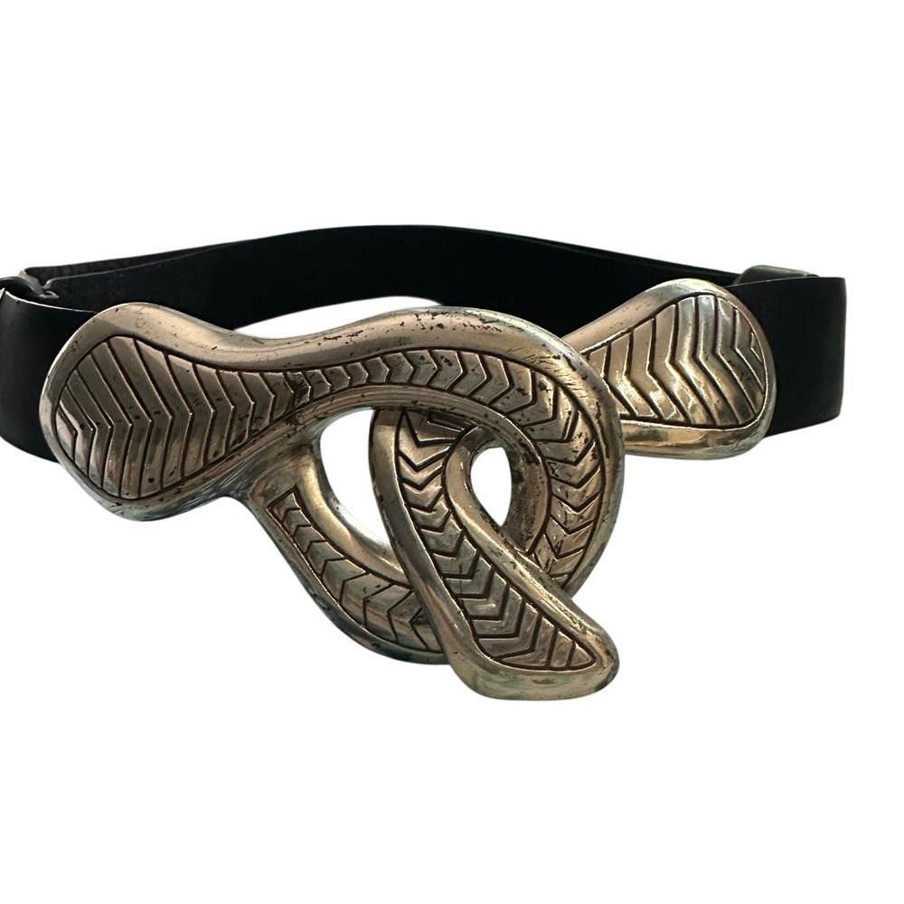 Chicos Silver Tone Knot Buckle Adj Belt Black Faux Leather Statement Boho